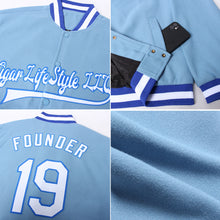 Laden Sie das Bild in den Galerie-Viewer, Custom Light Blue White-Royal Bomber Full-Snap Varsity Letterman Jacket