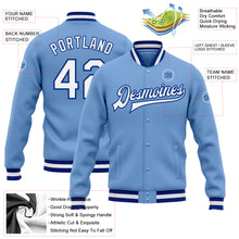 Laden Sie das Bild in den Galerie-Viewer, Custom Light Blue White-Royal Bomber Full-Snap Varsity Letterman Jacket