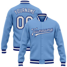 Laden Sie das Bild in den Galerie-Viewer, Custom Light Blue White-Royal Bomber Full-Snap Varsity Letterman Jacket