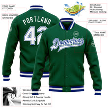 Загрузить изображение в средство просмотра галереи, Custom Kelly Green White-Royal Bomber Full-Snap Varsity Letterman Jacket
