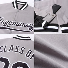 Load image into Gallery viewer, Custom Gray Black-White Bomber Full-Snap Varsity Letterman Jacket