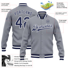 Load image into Gallery viewer, Custom Gray Navy-White Bomber Full-Snap Varsity Letterman Jacket