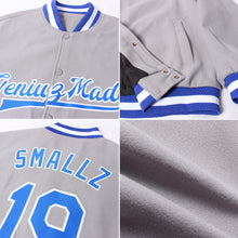 Загрузить изображение в средство просмотра галереи, Custom Gray Royal-White Bomber Full-Snap Varsity Letterman Jacket