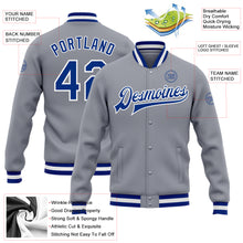 Загрузить изображение в средство просмотра галереи, Custom Gray Royal-White Bomber Full-Snap Varsity Letterman Jacket