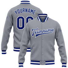 Загрузить изображение в средство просмотра галереи, Custom Gray Royal-White Bomber Full-Snap Varsity Letterman Jacket