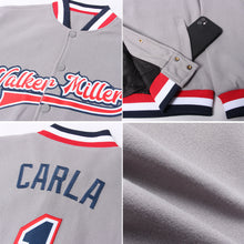 Load image into Gallery viewer, Custom Gray Navy White-Red Bomber Full-Snap Varsity Letterman Jacket