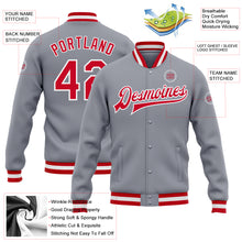 Laden Sie das Bild in den Galerie-Viewer, Custom Gray Red-White Bomber Full-Snap Varsity Letterman Jacket