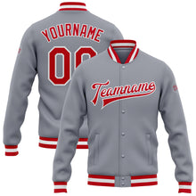 Laden Sie das Bild in den Galerie-Viewer, Custom Gray Red-White Bomber Full-Snap Varsity Letterman Jacket