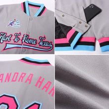 Charger l'image dans la galerie, Custom Gray Pink Black-Light Blue Bomber Full-Snap Varsity Letterman Jacket