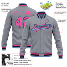 Charger l'image dans la galerie, Custom Gray Pink Black-Light Blue Bomber Full-Snap Varsity Letterman Jacket