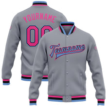Charger l'image dans la galerie, Custom Gray Pink Black-Light Blue Bomber Full-Snap Varsity Letterman Jacket