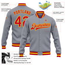 Laden Sie das Bild in den Galerie-Viewer, Custom Gray Red-Gold Bomber Full-Snap Varsity Letterman Jacket