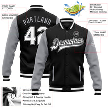 Load image into Gallery viewer, Custom Black White-Gray Bomber Full-Snap Varsity Letterman Two Tone Jacket