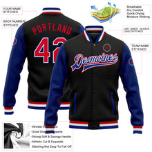 Charger l'image dans la galerie, Custom Black Red-Royal Bomber Full-Snap Varsity Letterman Two Tone Jacket