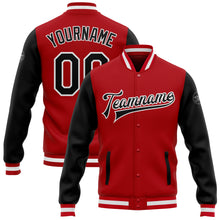 Charger l'image dans la galerie, Custom Red Black-White Bomber Full-Snap Varsity Letterman Two Tone Jacket