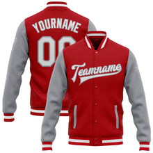 Charger l'image dans la galerie, Custom Red White-Gray Bomber Full-Snap Varsity Letterman Two Tone Jacket