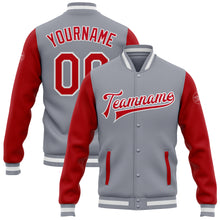 Laden Sie das Bild in den Galerie-Viewer, Custom Gray Red-White Bomber Full-Snap Varsity Letterman Two Tone Jacket
