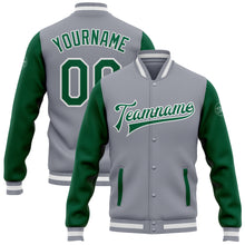Laden Sie das Bild in den Galerie-Viewer, Custom Gray Kelly Green-White Bomber Full-Snap Varsity Letterman Two Tone Jacket
