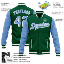 Load image into Gallery viewer, Custom Kelly Green Light Blue-White Bomber Full-Snap Varsity Letterman Two Tone Jacket
