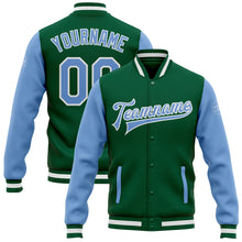 Load image into Gallery viewer, Custom Kelly Green Light Blue-White Bomber Full-Snap Varsity Letterman Two Tone Jacket