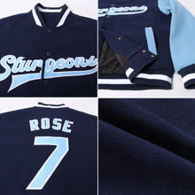 Charger l'image dans la galerie, Custom Navy Light Blue-White Bomber Full-Snap Varsity Letterman Two Tone Jacket