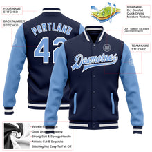 Charger l'image dans la galerie, Custom Navy Light Blue-White Bomber Full-Snap Varsity Letterman Two Tone Jacket