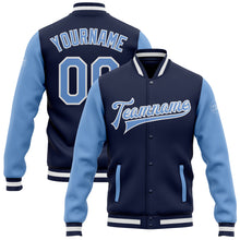 Charger l'image dans la galerie, Custom Navy Light Blue-White Bomber Full-Snap Varsity Letterman Two Tone Jacket