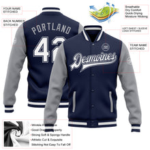 Загрузить изображение в средство просмотра галереи, Custom Navy White-Gray Bomber Full-Snap Varsity Letterman Two Tone Jacket
