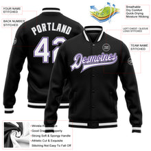 Charger l'image dans la galerie, Custom Black White Purple-Gray Bomber Full-Snap Varsity Letterman Jacket