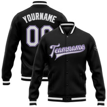 Charger l'image dans la galerie, Custom Black White Purple-Gray Bomber Full-Snap Varsity Letterman Jacket