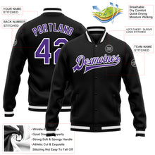 Load image into Gallery viewer, Custom Black Purple-White Bomber Full-Snap Varsity Letterman Jacket