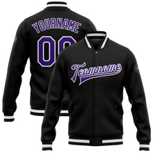 Load image into Gallery viewer, Custom Black Purple-White Bomber Full-Snap Varsity Letterman Jacket