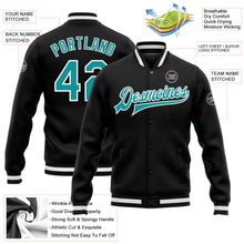 Загрузить изображение в средство просмотра галереи, Custom Black Aqua-White Bomber Full-Snap Varsity Letterman Jacket