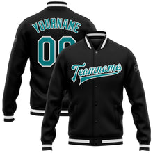 Загрузить изображение в средство просмотра галереи, Custom Black Aqua-White Bomber Full-Snap Varsity Letterman Jacket