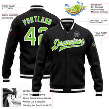 Загрузить изображение в средство просмотра галереи, Custom Black Neon Green-White Bomber Full-Snap Varsity Letterman Jacket
