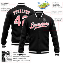 Загрузить изображение в средство просмотра галереи, Custom Black Medium Pink-White Bomber Full-Snap Varsity Letterman Jacket