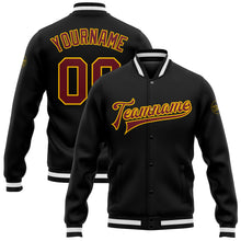 Charger l'image dans la galerie, Custom Black Burgundy-Gold Bomber Full-Snap Varsity Letterman Jacket
