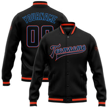 Charger l'image dans la galerie, Custom Black Black Powder Blue-Orange Bomber Full-Snap Varsity Letterman Jacket