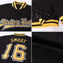 Загрузить изображение в средство просмотра галереи, Custom Black Gold-White Bomber Full-Snap Varsity Letterman Jacket