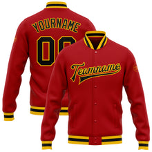 Charger l'image dans la galerie, Custom Red Black-Gold Bomber Full-Snap Varsity Letterman Jacket