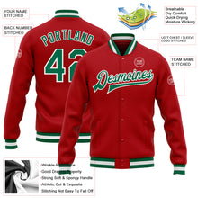 Load image into Gallery viewer, Custom Red Kelly Green-White Bomber Full-Snap Varsity Letterman Jacket