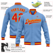 Загрузить изображение в средство просмотра галереи, Custom Light Blue Red-Gold Bomber Full-Snap Varsity Letterman Jacket
