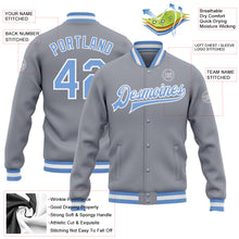 Laden Sie das Bild in den Galerie-Viewer, Custom Gray Light Blue-White Bomber Full-Snap Varsity Letterman Jacket