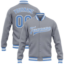 Laden Sie das Bild in den Galerie-Viewer, Custom Gray Light Blue-White Bomber Full-Snap Varsity Letterman Jacket