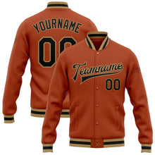 Load image into Gallery viewer, Custom Texas Orange Black-Old Gold Bomber Full-Snap Varsity Letterman Jacket