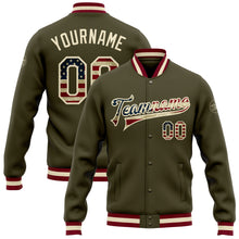 Laden Sie das Bild in den Galerie-Viewer, Custom Olive Vintage USA Flag Cream-Maroon Bomber Full-Snap Varsity Letterman Salute To Service Jacket