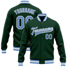 Загрузить изображение в средство просмотра галереи, Custom Green Light Blue-White Bomber Full-Snap Varsity Letterman Jacket