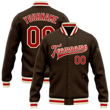Charger l'image dans la galerie, Custom Brown Red-Cream Bomber Full-Snap Varsity Letterman Jacket