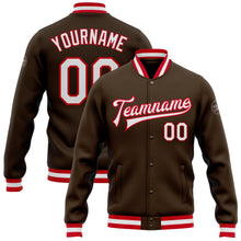 Load image into Gallery viewer, Custom Brown White-Red Bomber Full-Snap Varsity Letterman Jacket