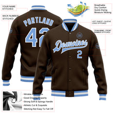 Load image into Gallery viewer, Custom Brown Light Blue-White Bomber Full-Snap Varsity Letterman Jacket